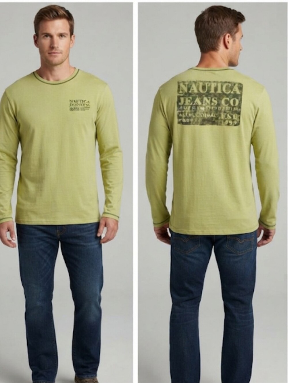 VTG Nautica Jeans Co Graphic Long Sleeve Tee Lime Green Distressed Box Logo LG